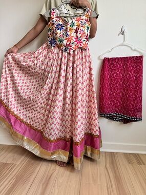 Embroidered Multi-Color Floral Maxi Skirt - Pink